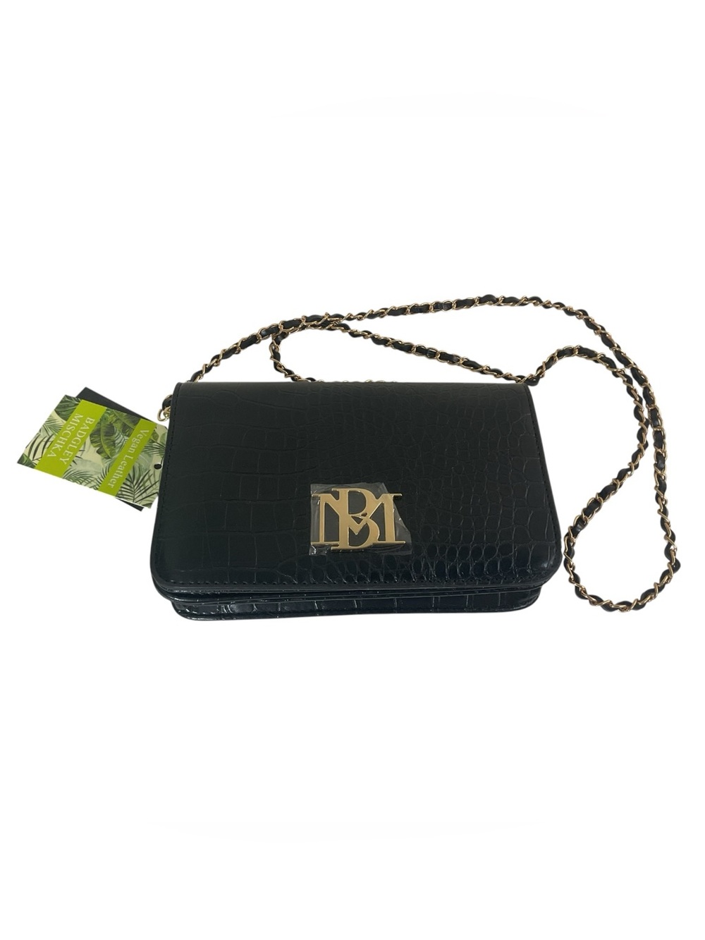 Badgley Mischka BM-4173 Black Croco Crossbody With Logo Plate Vegan Leather Bag - Picture 3 of 16